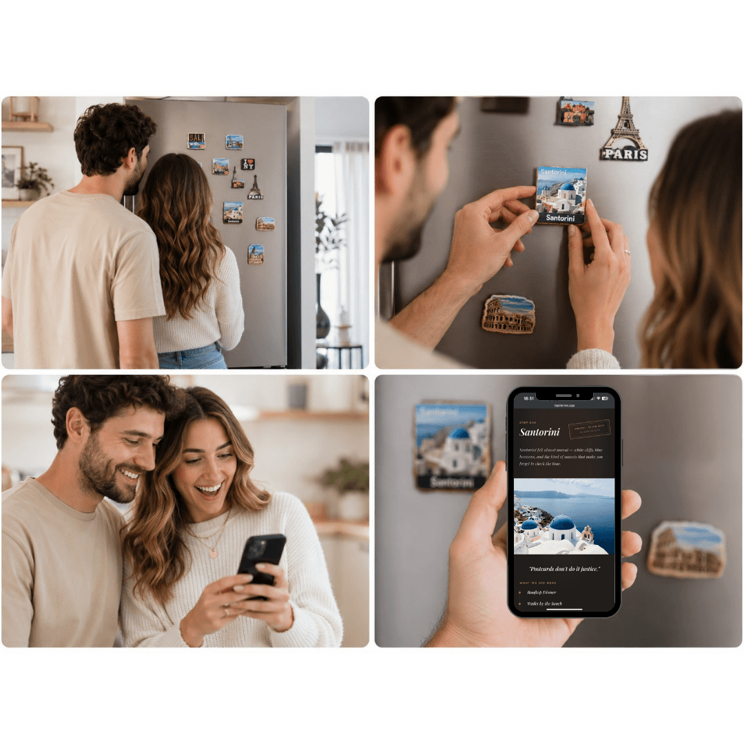 A couple discovering their travel memory: spotting the magnet on the fridge, picking it up, tapping it, and reliving the trip